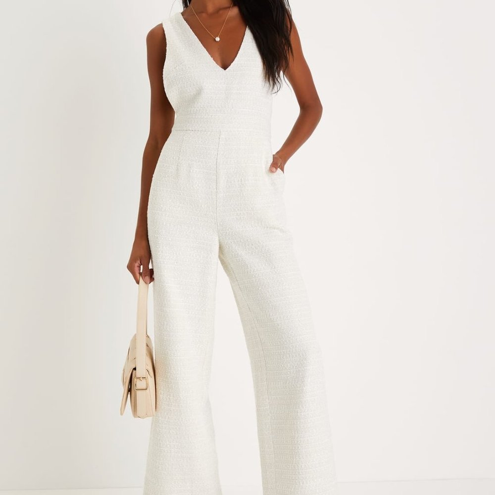 Lulu's Exceptional Ivory Tweed Lurex Wide-Leg Jumpsuit
